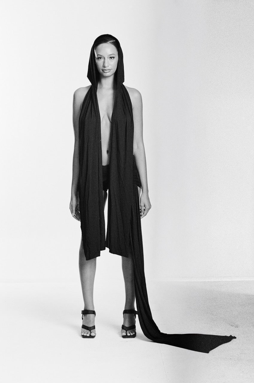 AC BLK Draped Hoodie Scarf Top