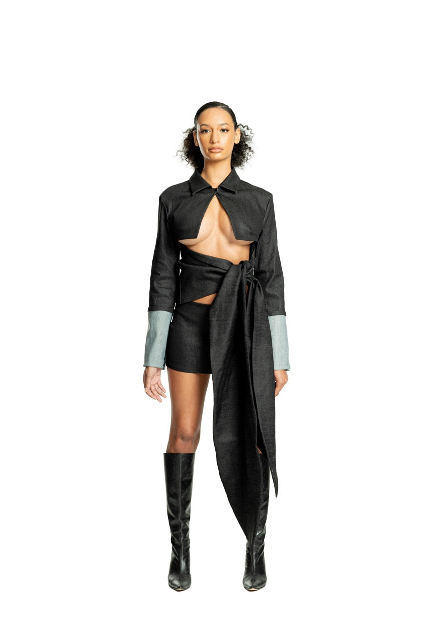 AC BLK Draped Reversed Denim Jacket