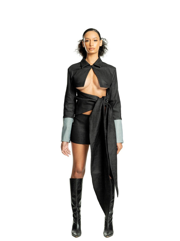 AC BLK Draped Reversed Denim Jacket