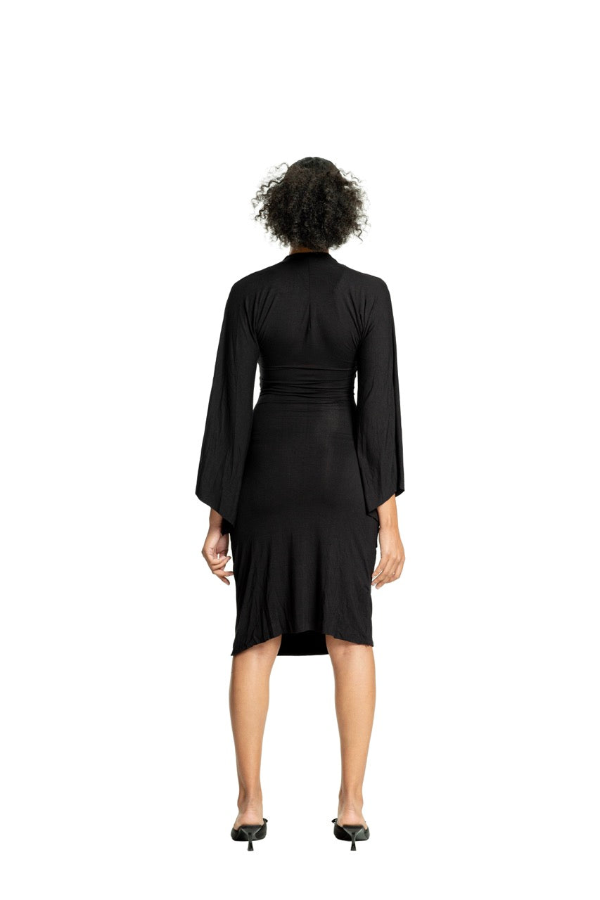 AC BLK Draped V Neck Midi Dress