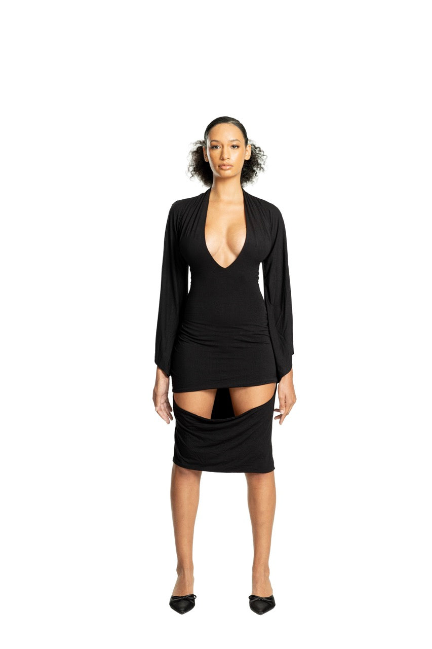 AC BLK Draped V Neck Midi Dress