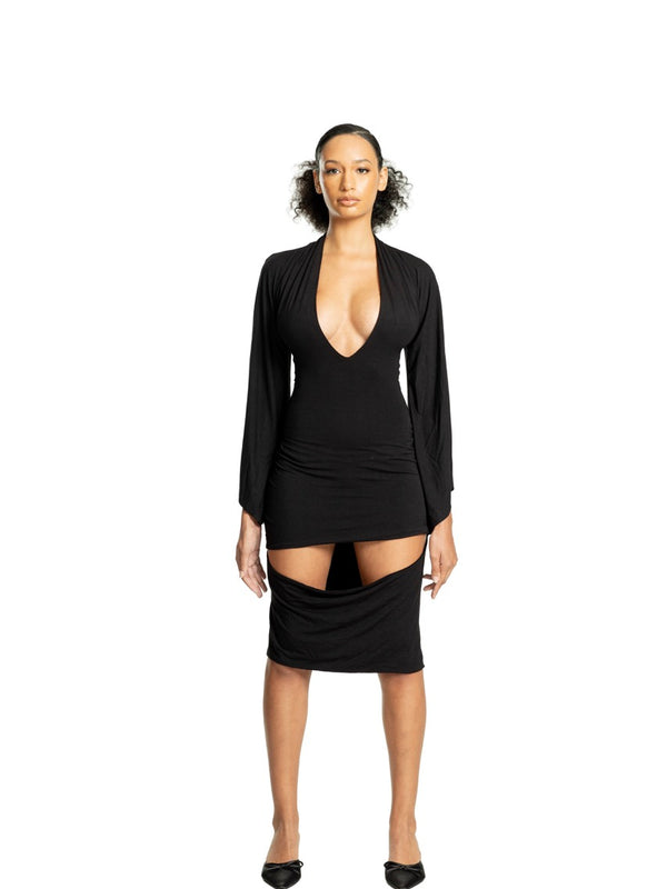 AC BLK Draped V Neck Midi Dress