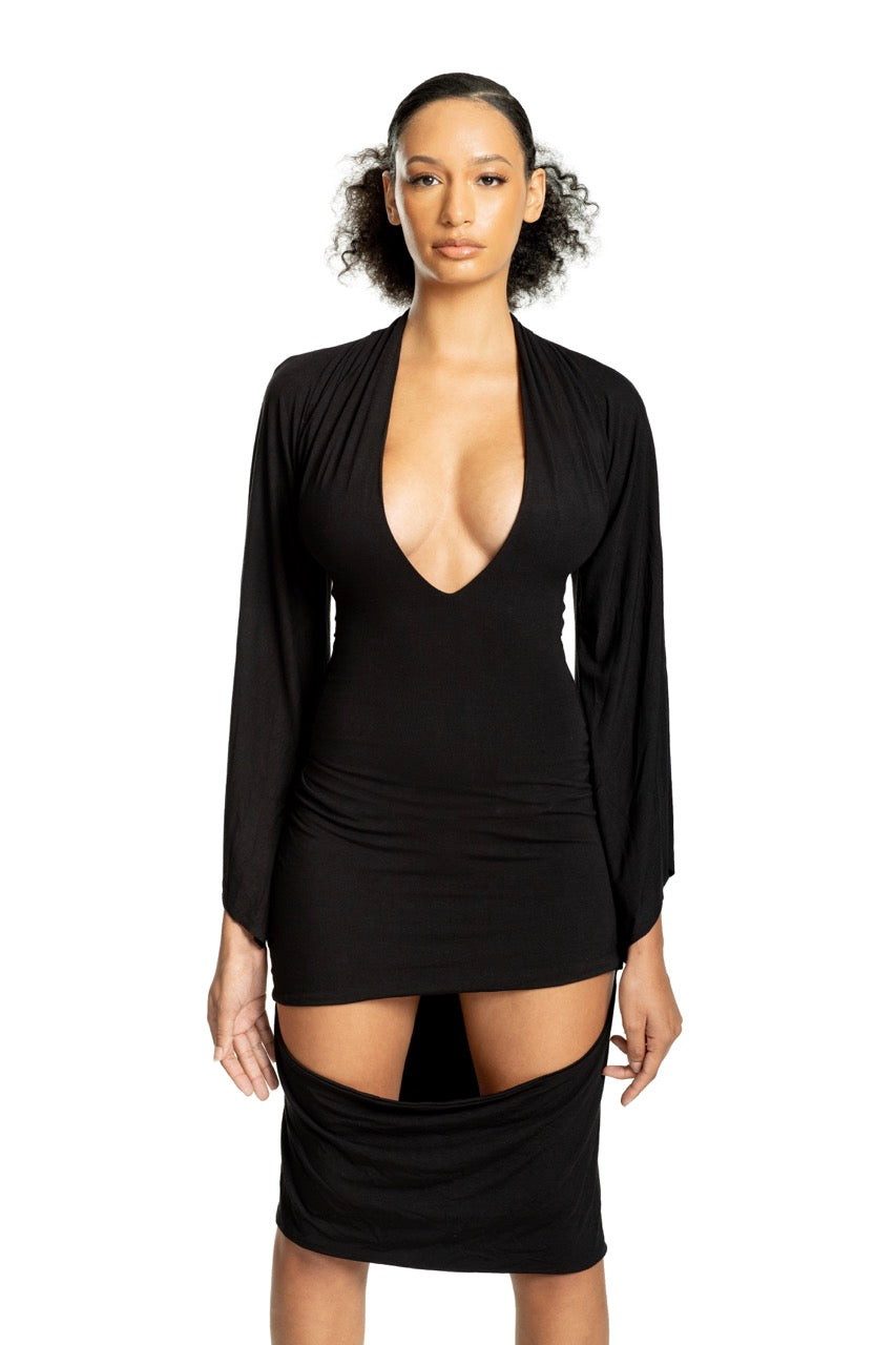 AC BLK Draped V Neck Midi Dress